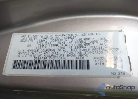 2004 Toyota Tundra Sr5 V8 из США, поврежденный, VIN 5TBRT341X4S446476